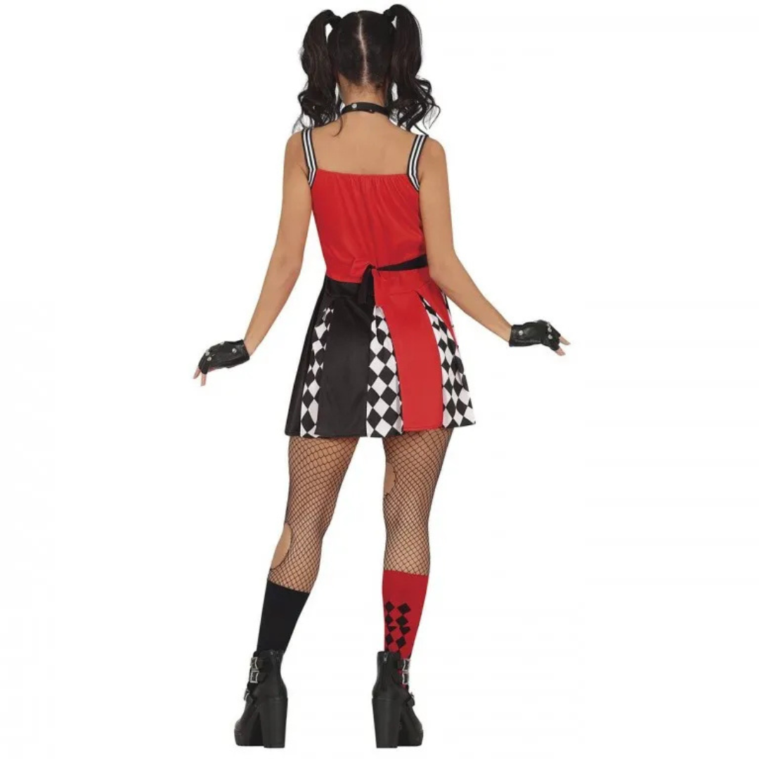Person wearing a red and black checkered costume with fishnet stockings and black shoes on a white background