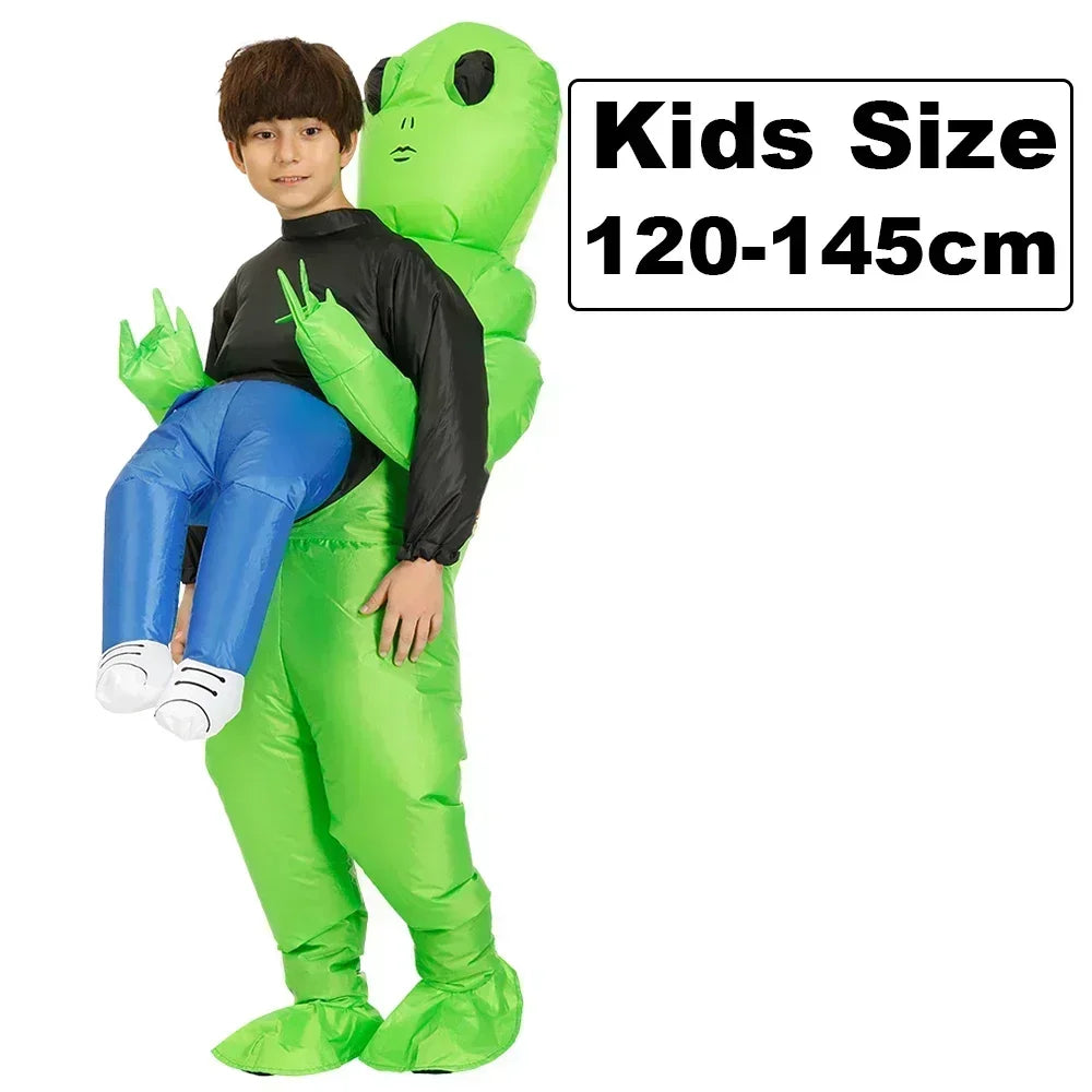 Child wearing a green alien costume with text indicating size range.