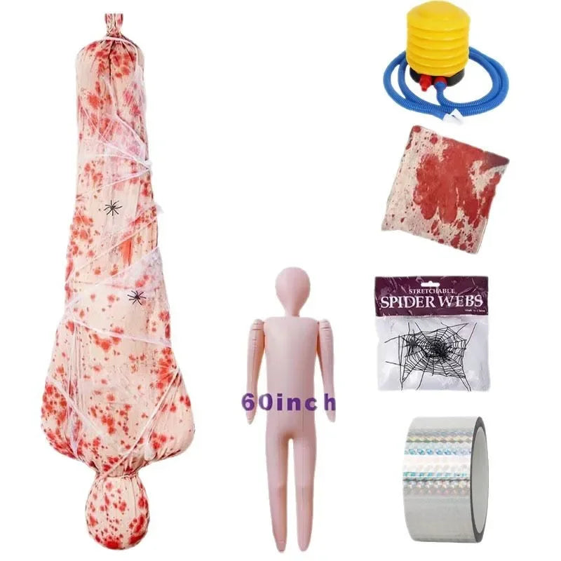 Halloween costume accessories including a mannequin, inflatable bag, and spider web kit on a white background.