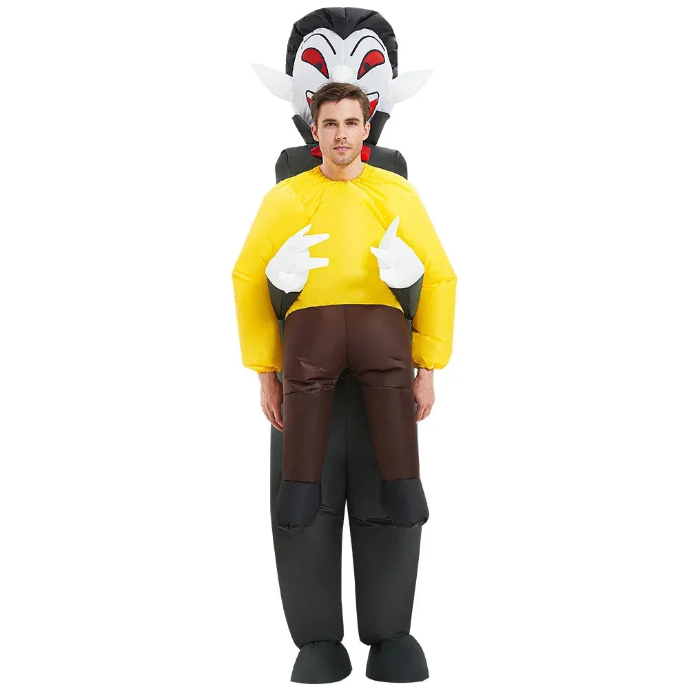 Person wearing a cartoon character costume with a yellow shirt, brown pants, and black shoes on a white background.