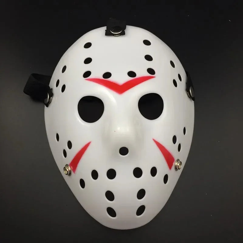 White hockey mask with red accents on a black background