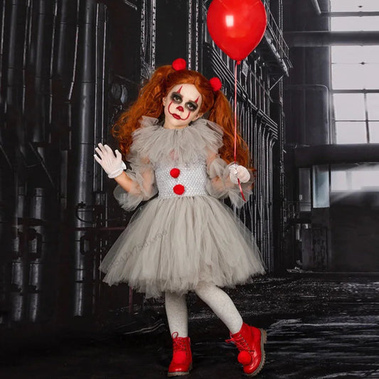 Kids’ Scary Clown Tutu Dress – Grey Girls Halloween Costume (Ages 3–12)