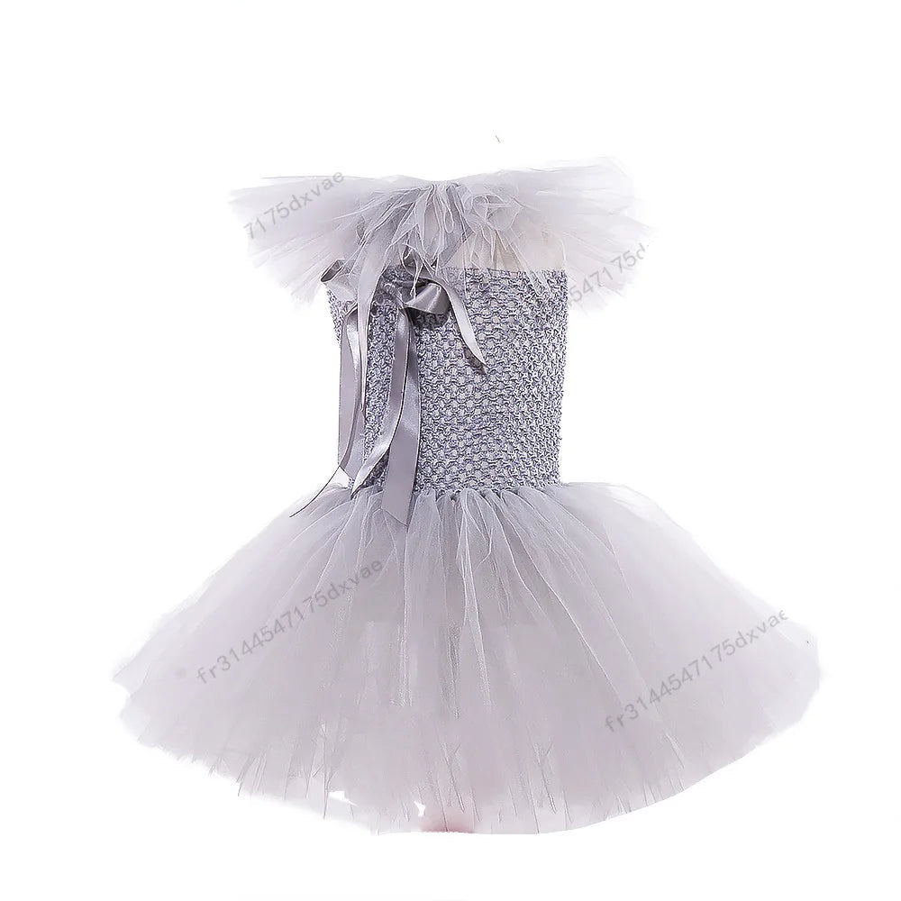 Silver dress with a tulle skirt on a white background