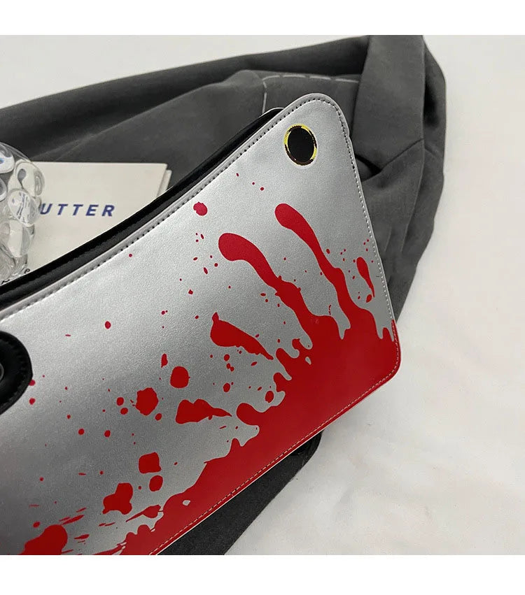 Product with red blood splatter design on a gray background