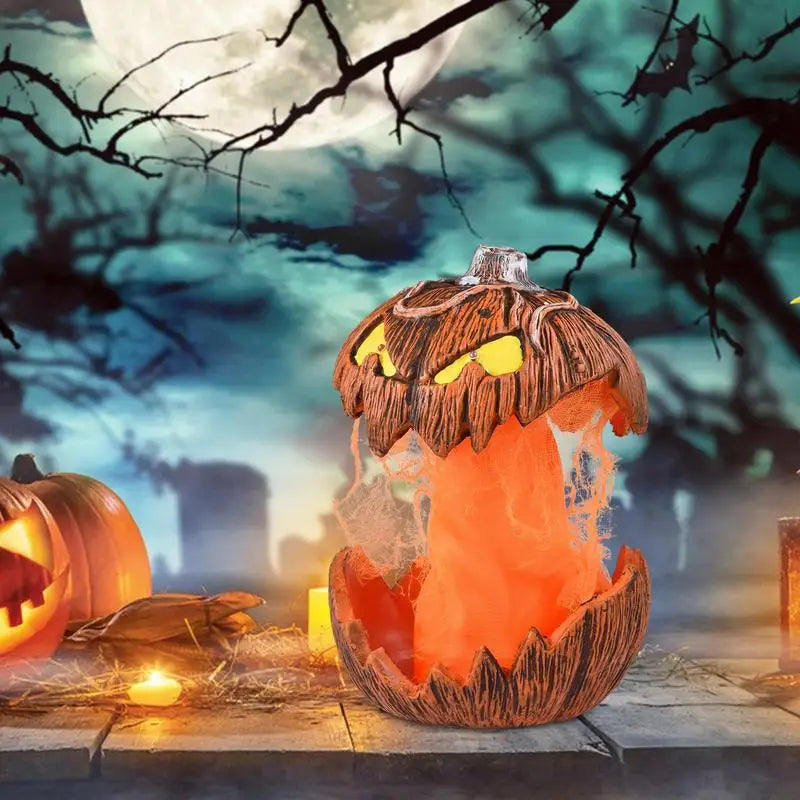 Halloween-themed decoration with a jack-o'-lantern and candles against a spooky background.