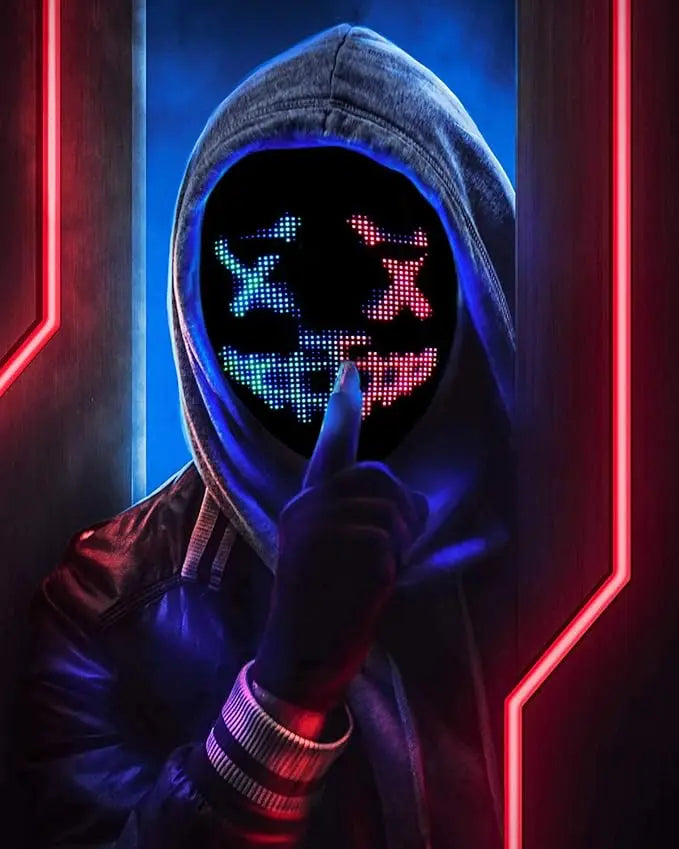 Person wearing a hoodie with a digital mask displaying colorful lights against a dark background.