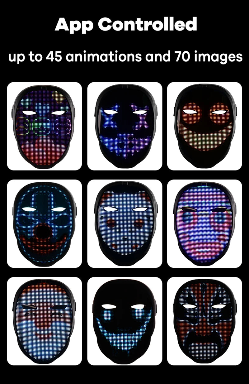 LED masks with various designs and app-controlled features on a black background.