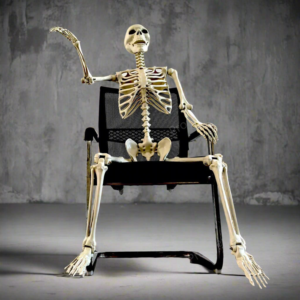 Skeletal figure sitting on a chair with 'Prosperity' text above