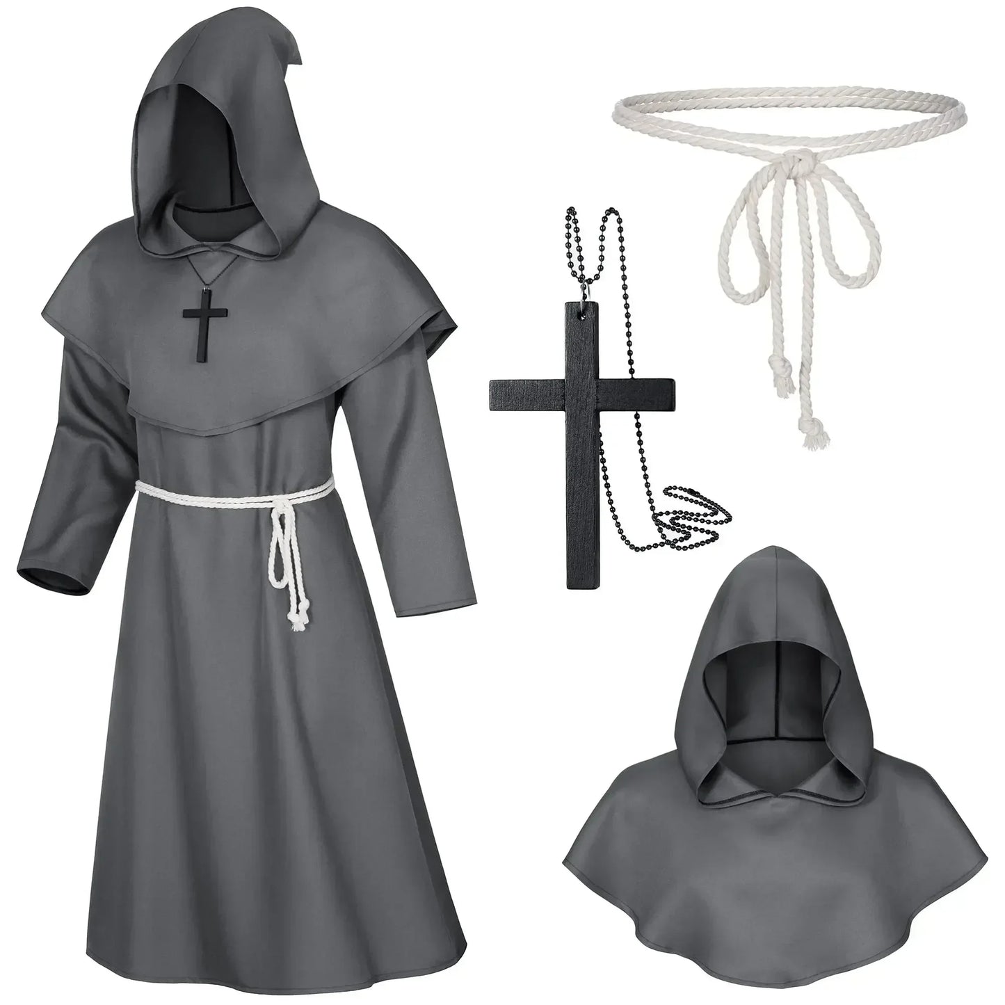Gray monk robe with hood, black cross pendant, and white rope on a white background