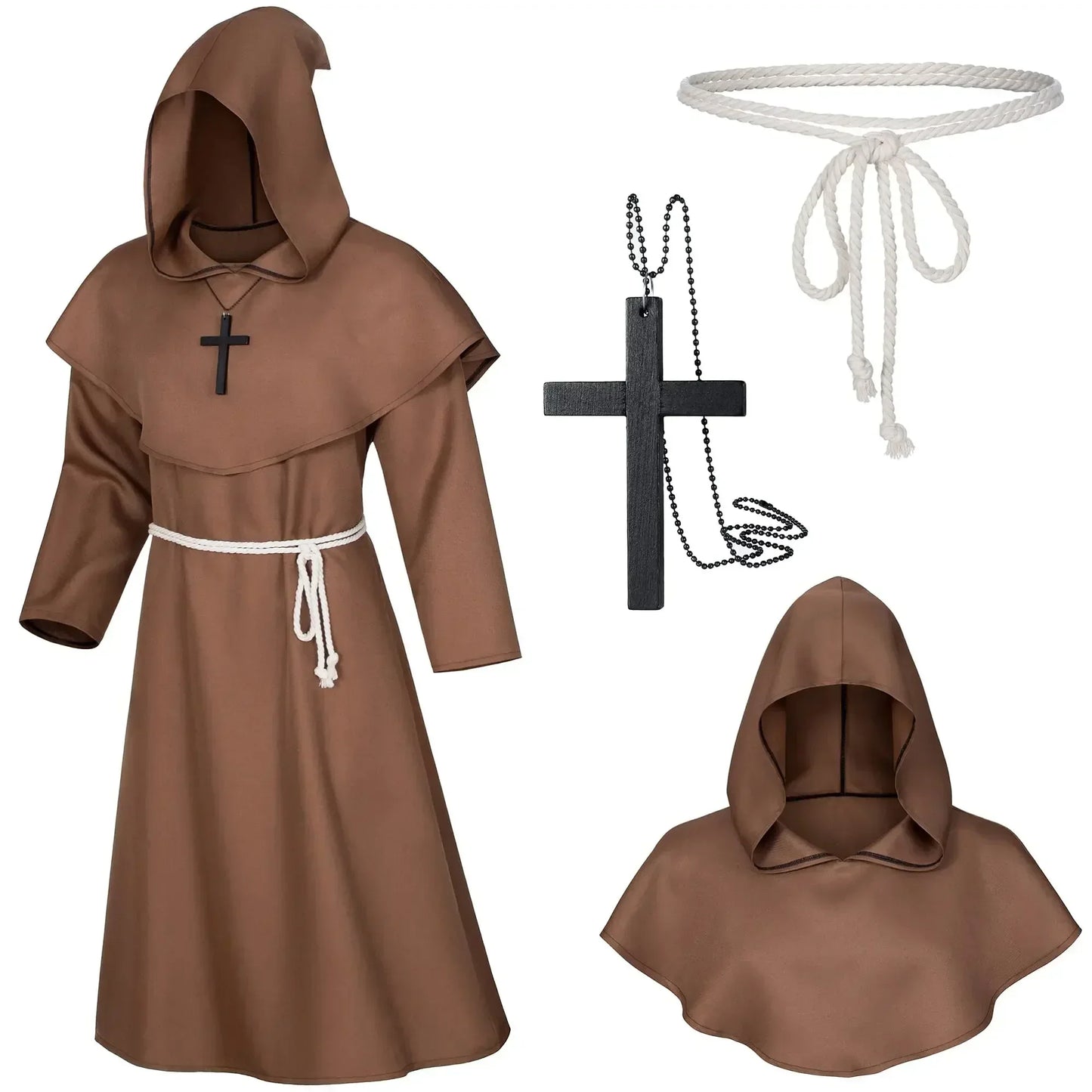 Brown monk robe with hood, black cross necklace, and white rope on a white background