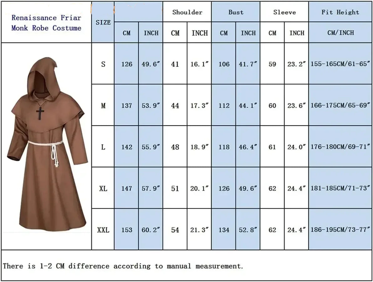 Renaissance Friar Monk Robe costume size chart with measurements.