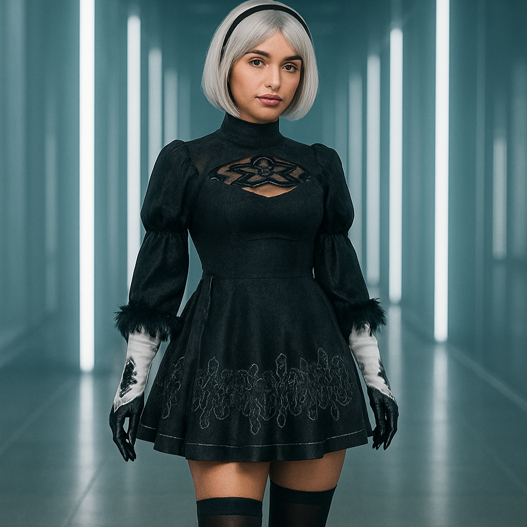 Woman in a black outfit with white gloves and headband standing in a futuristic hallway.