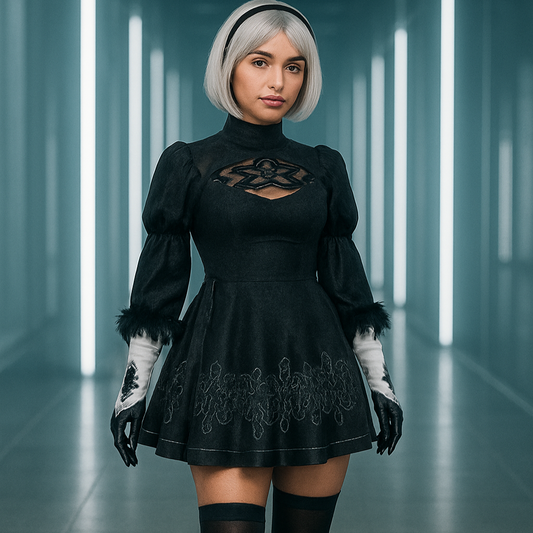 Woman in a black outfit with white gloves and headband standing in a futuristic hallway.