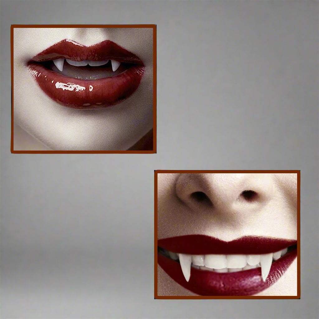 Vampire dentures with red lips and sharp teeth on a dark background.