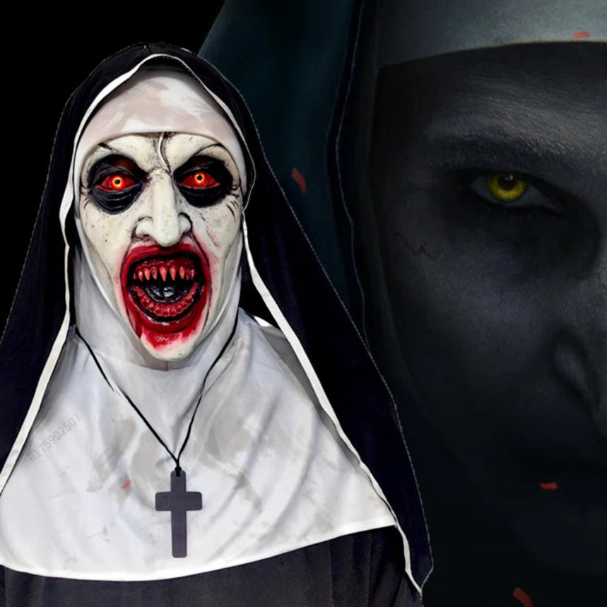 Halloween-themed mask with a nun's outfit and eerie face design, featuring red eyes and blood-like mouth, with 'Tizzyc Decoration Store' branding.