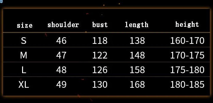 Size chart for clothing with measurements in centimeters