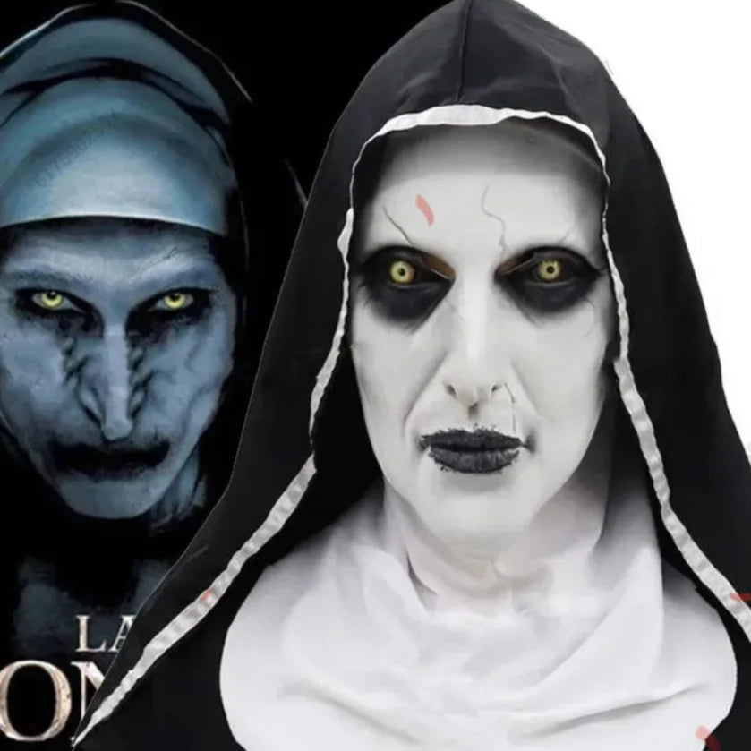 Person wearing a nun costume with makeup inspired by 'The Conjuring' movie poster.