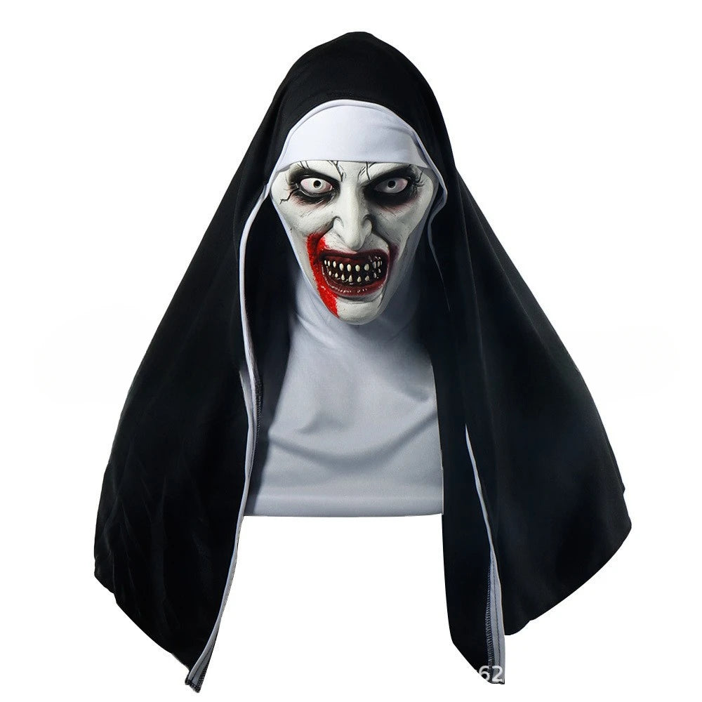 Horror-themed nun mask with black hood and white face on a white background