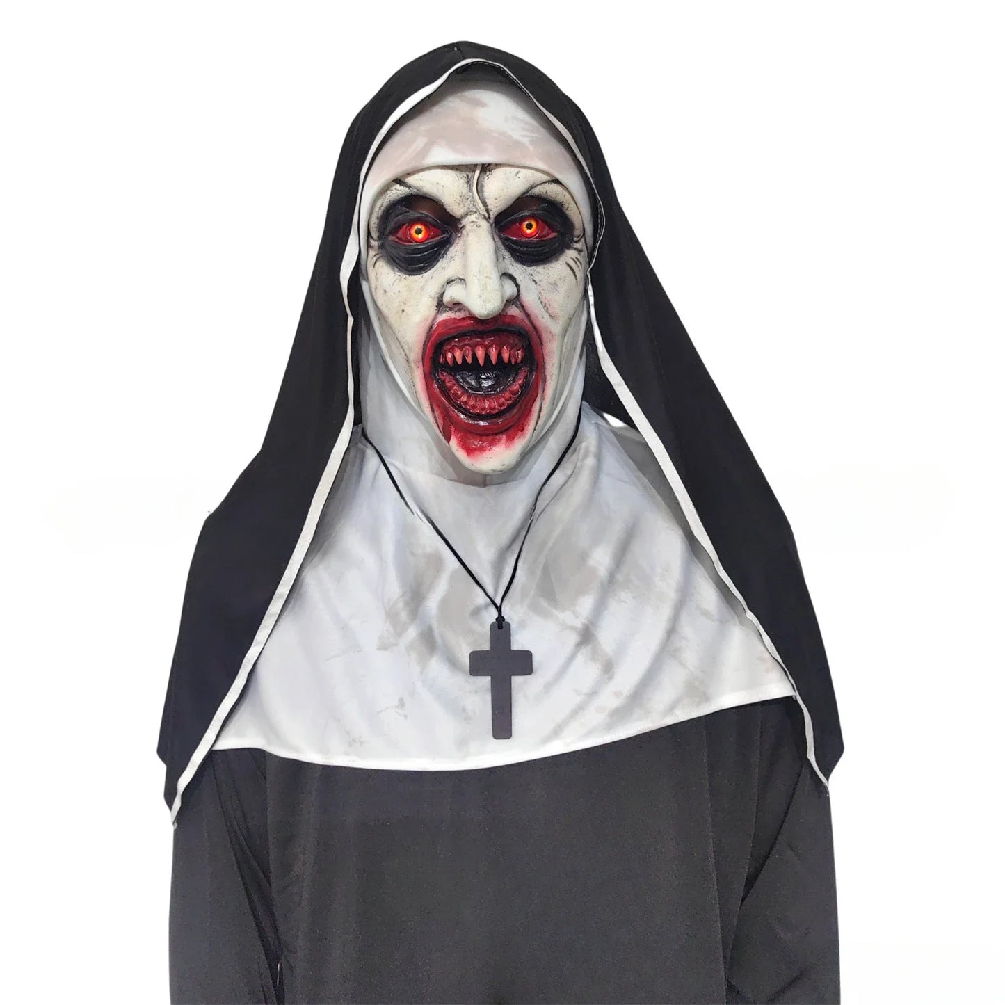 Halloween costume with a nun-themed mask on a white background