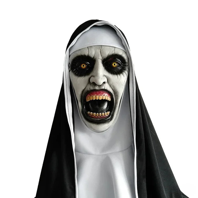 Horror-themed mask with a nun's habit on a white background