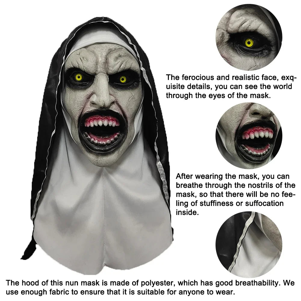 Realistic nun mask with detailed features and text on a white background