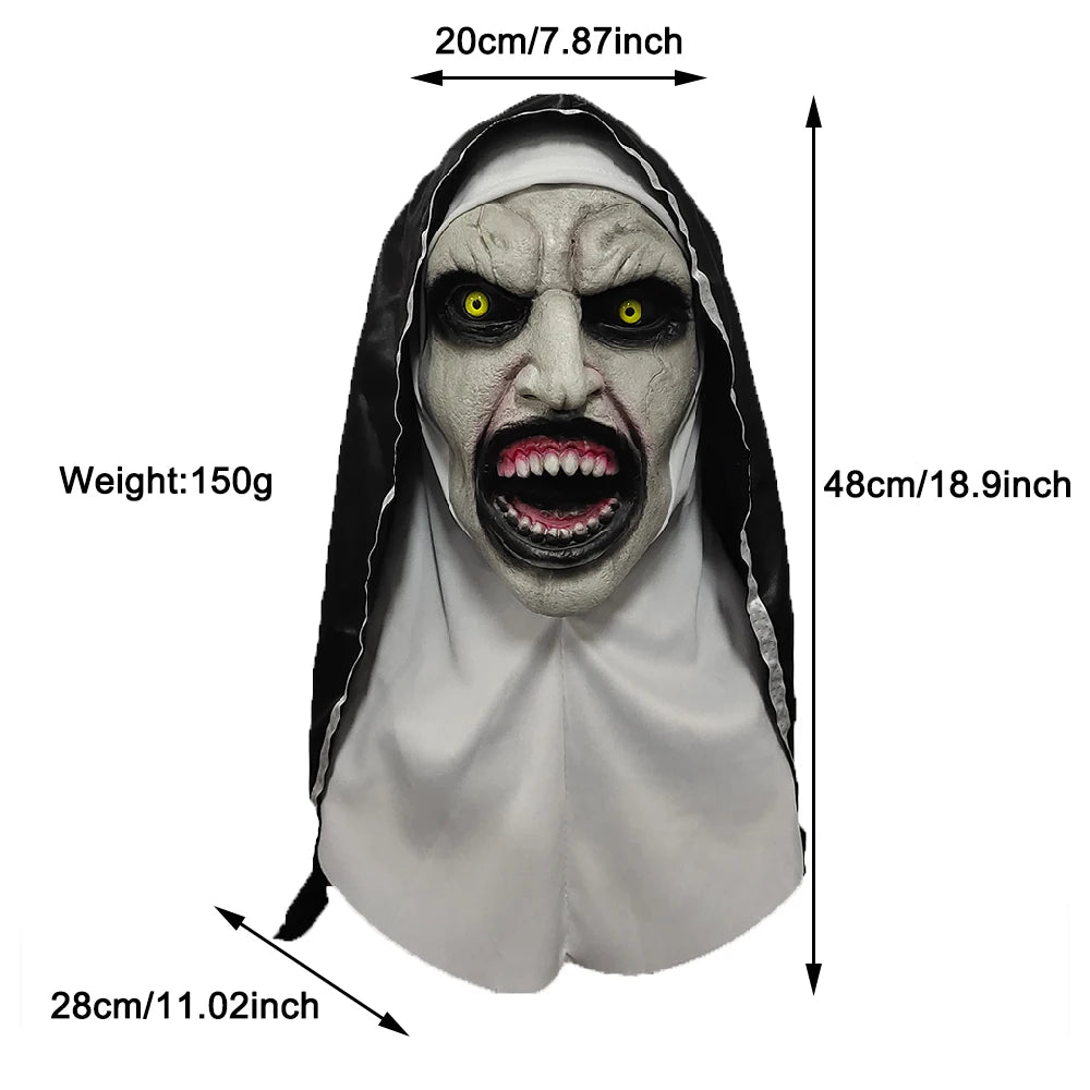 Horror-themed mask with measurements and weight displayed on a white background