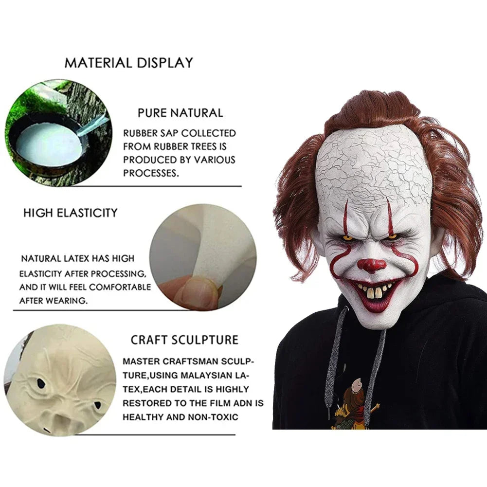 Scary clown mask with material display and craftsmanship details on a white background