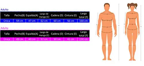 Measurement chart for adult clothing with labeled body parts and dimensions.
