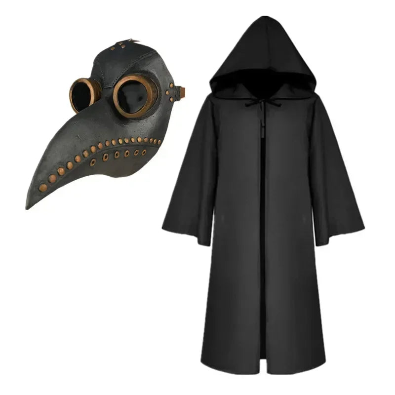 Black plague doctor mask and cloak on a white background