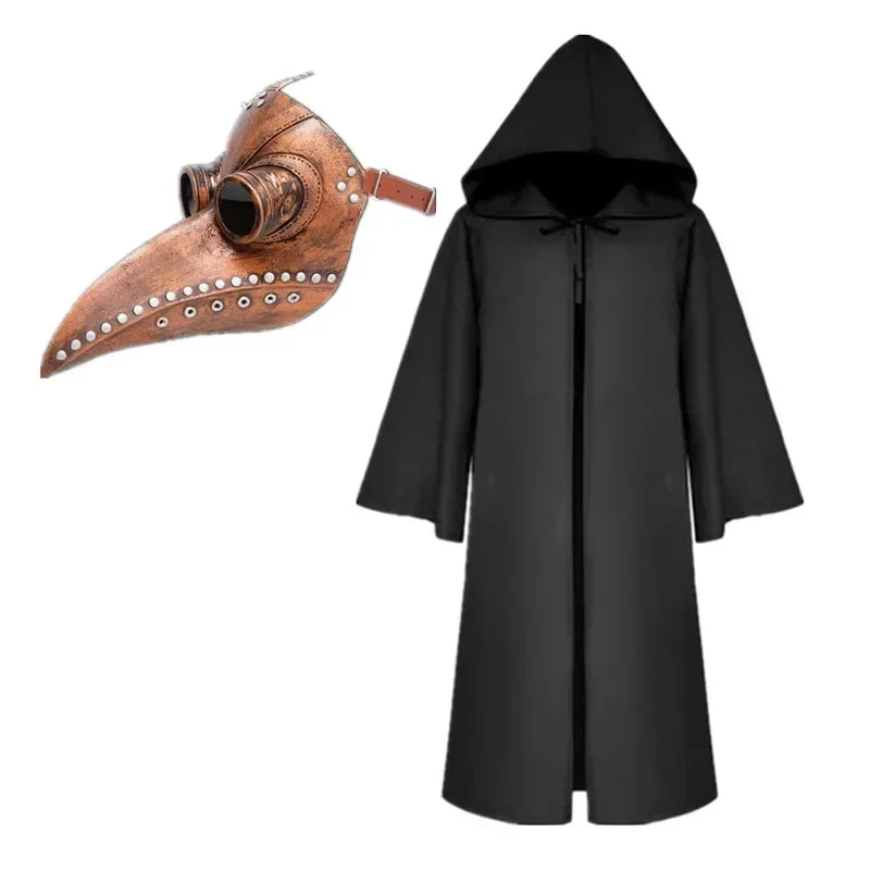 Black hooded cloak with a wooden plague doctor mask on a white background