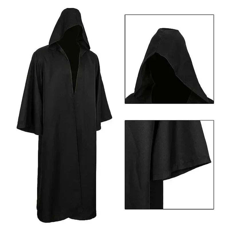 Black hooded robe with close-up insets on a white background