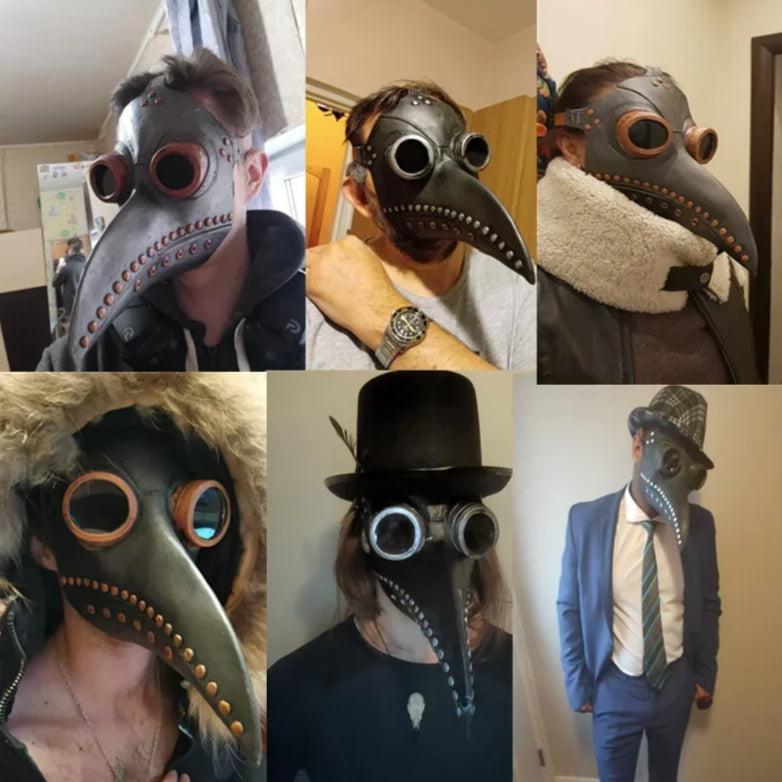 Collage of people wearing plague doctor masks in various settings.