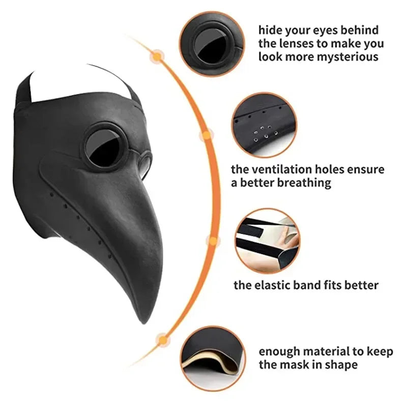 Black mask with long nose and elastic band, featuring text on features.