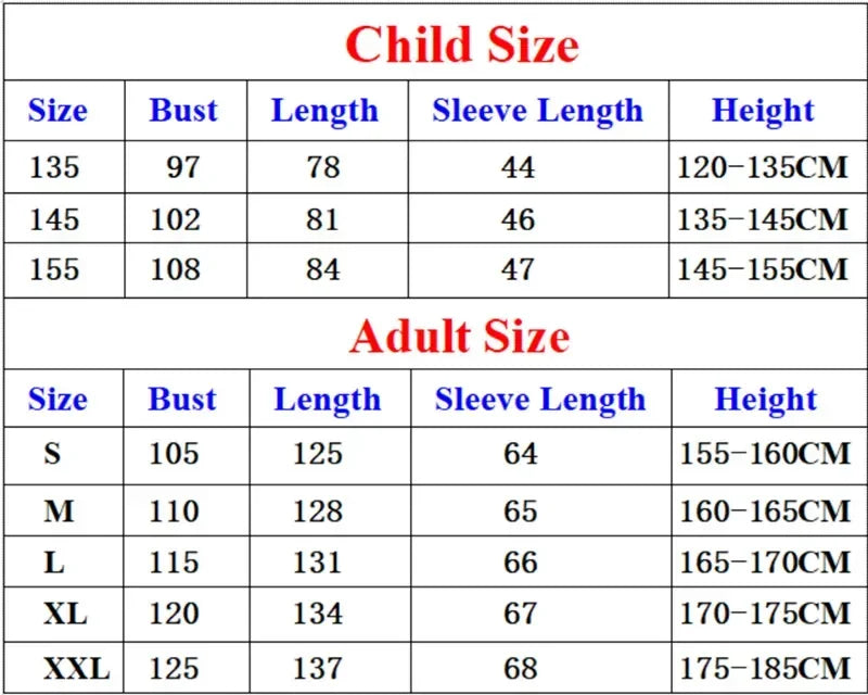 Size chart for children and adults with measurements in bust, length, sleeve length, and height.
