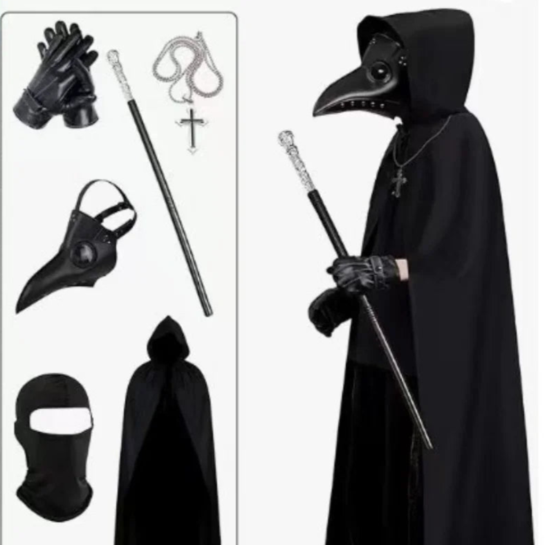 Plague doctor costume set with mask, gloves, staff, and cape on a white background