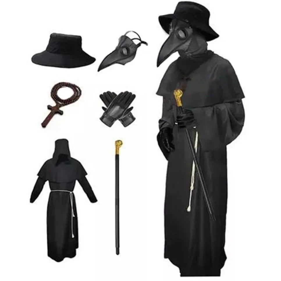 Plague doctor costume with hat, mask, gloves, staff, and robe on a white background