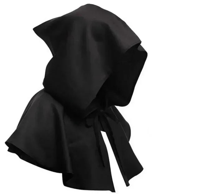 Black hooded cape with a bow on a white background