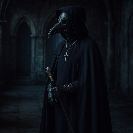 Man in a plague doctor outfit in a dark spooky monastery