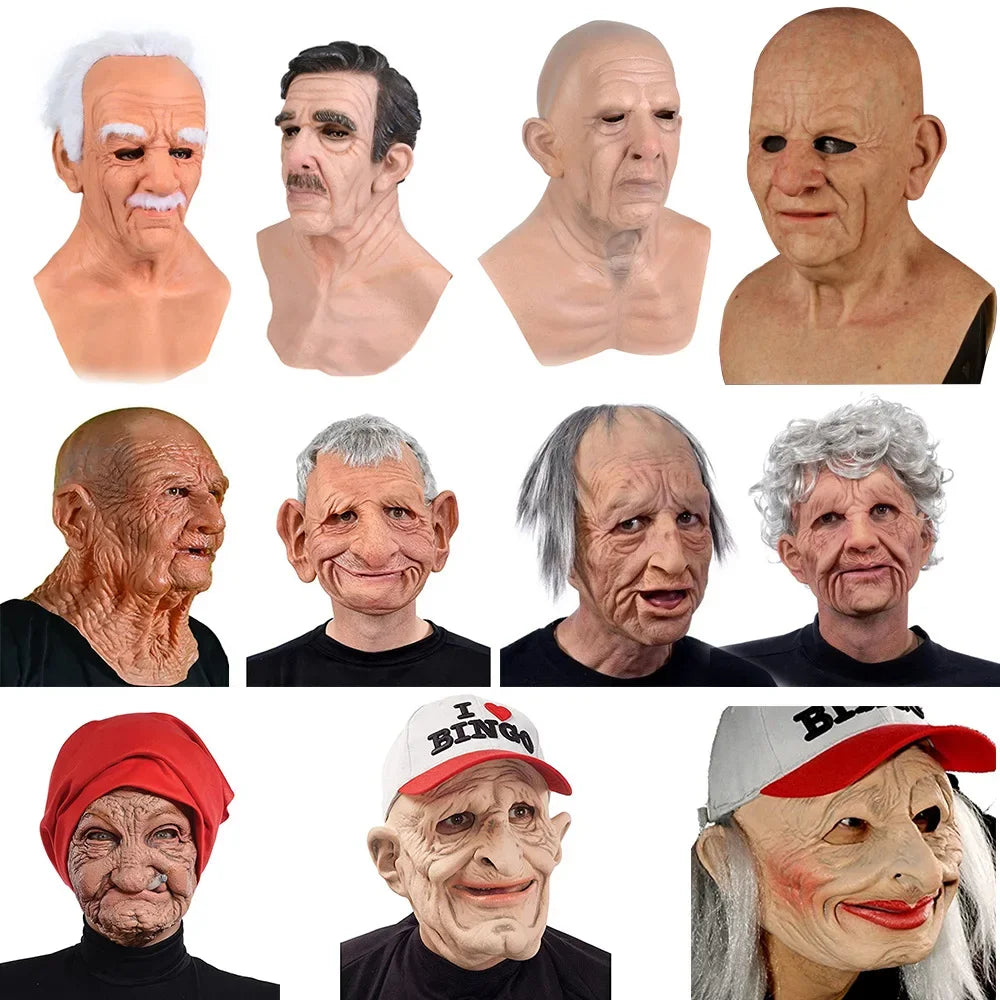 Collection of variously styled latex masks on a white background