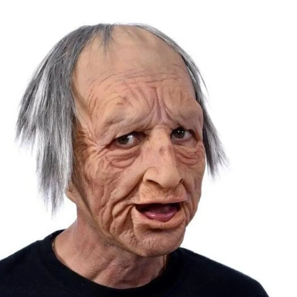 Older person wearing a detailed old-age mask with gray hair on a white background