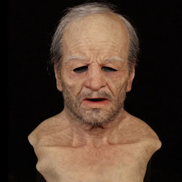 Bust of an elderly man with a realistic texture on a black background, labeled 'Flesh'.