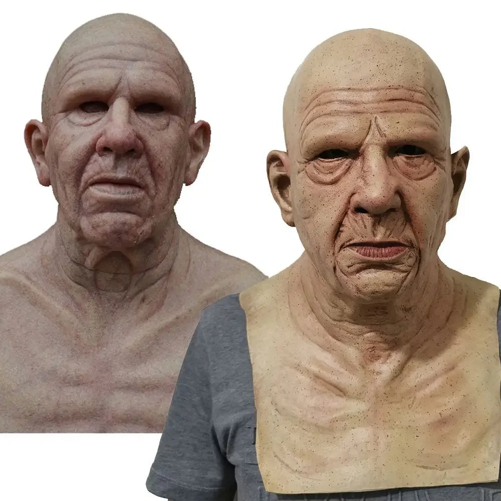 Person wearing a realistic mask of an elderly man with a white background