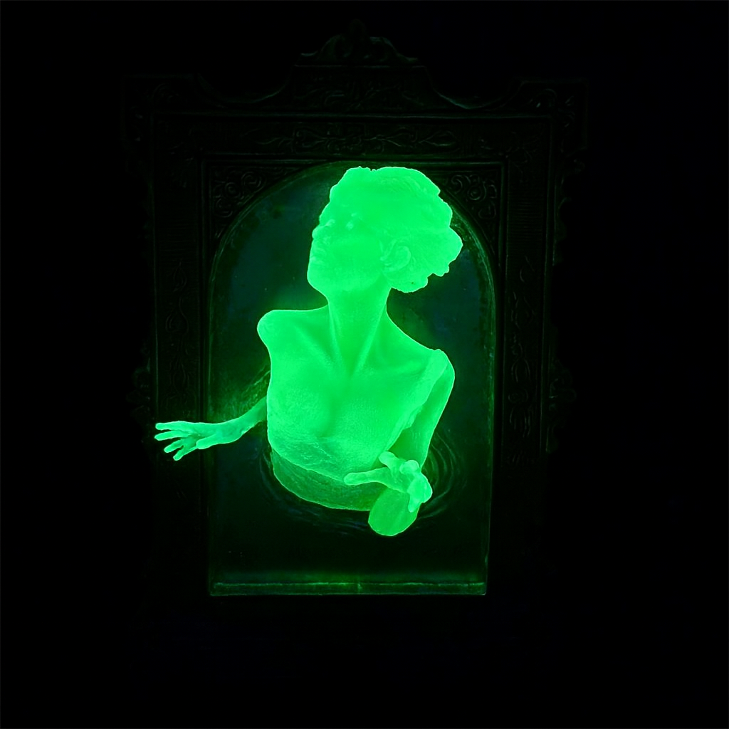glowing bust of a woman in a frame
