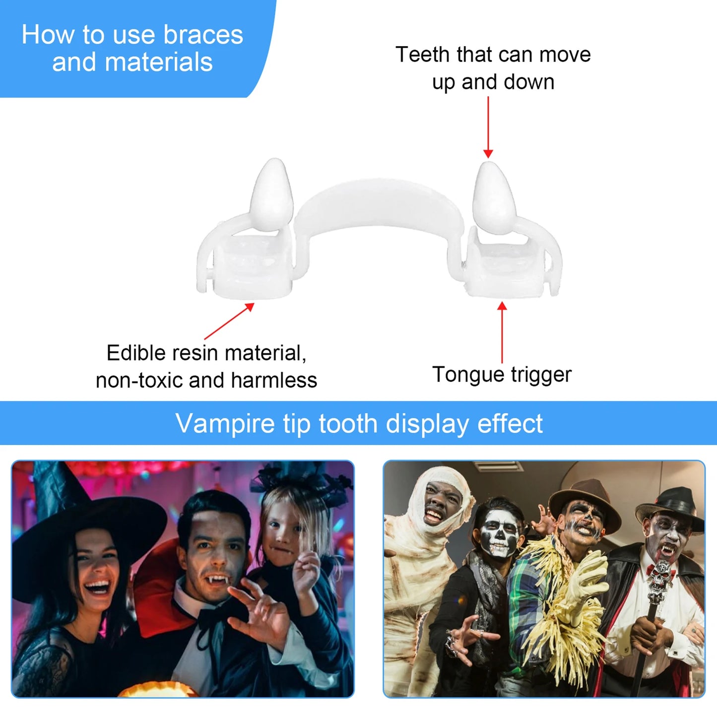 Diagram of vampire tip teeth with text explaining features, followed by images of people in Halloween costumes.