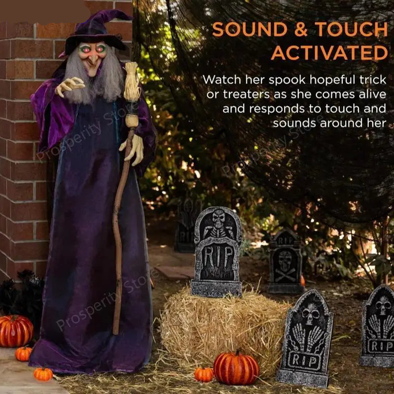 Animated witch decoration with sound and touch activation in a Halloween setting.