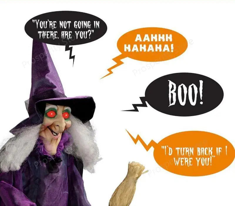 Wicked witch figure with Halloween-themed text bubbles on a white background