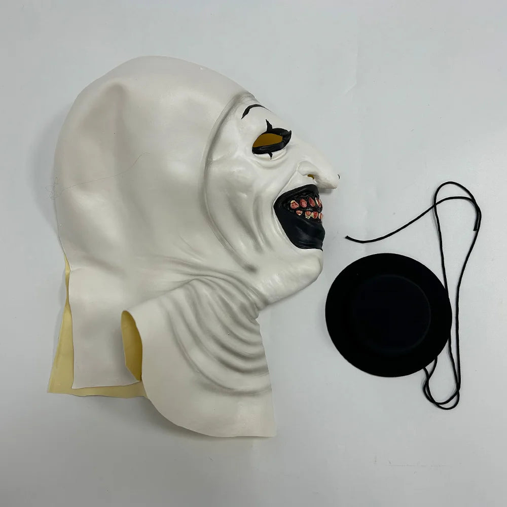 White mask with black accents on a white background