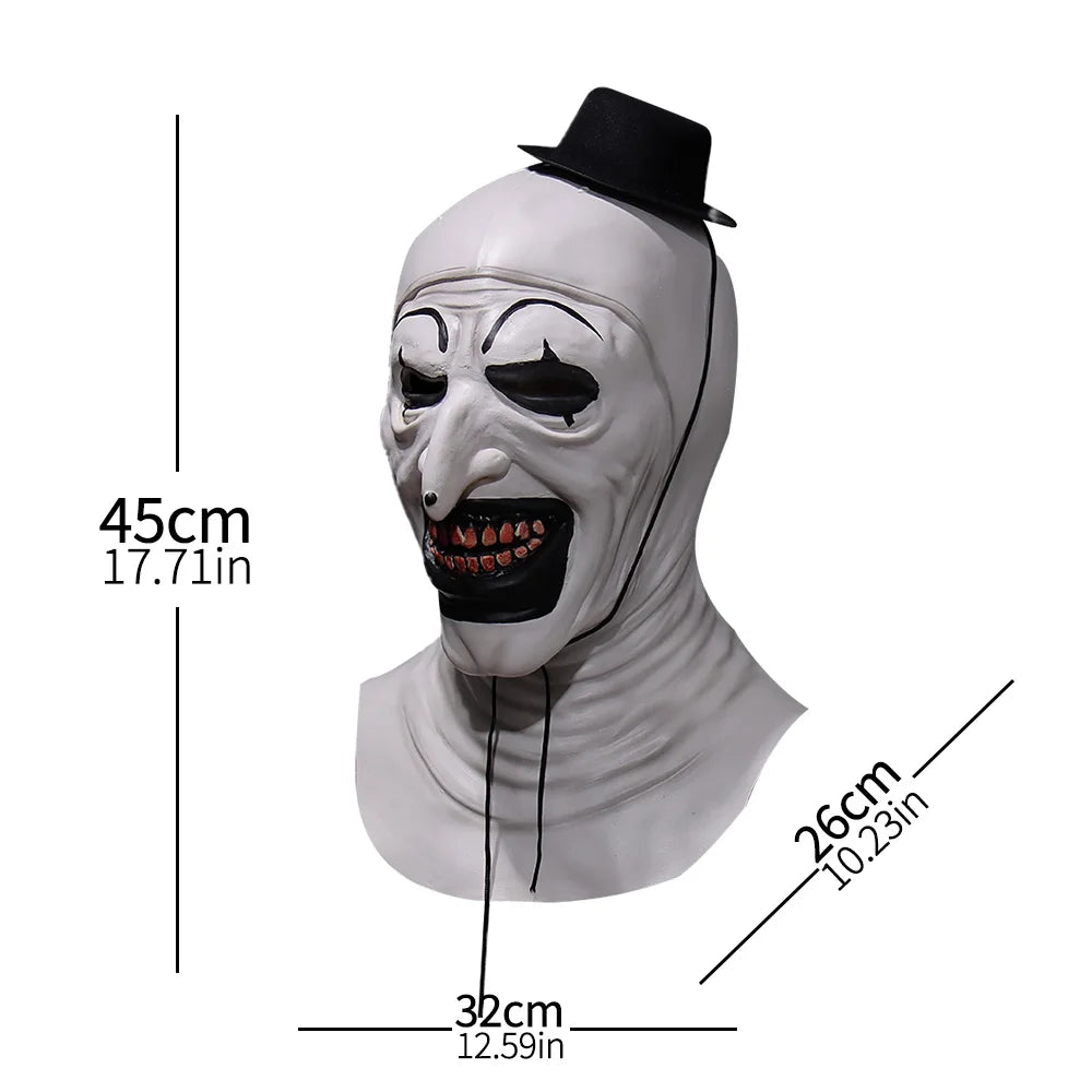 White mask with black top hat and measurements on a white background