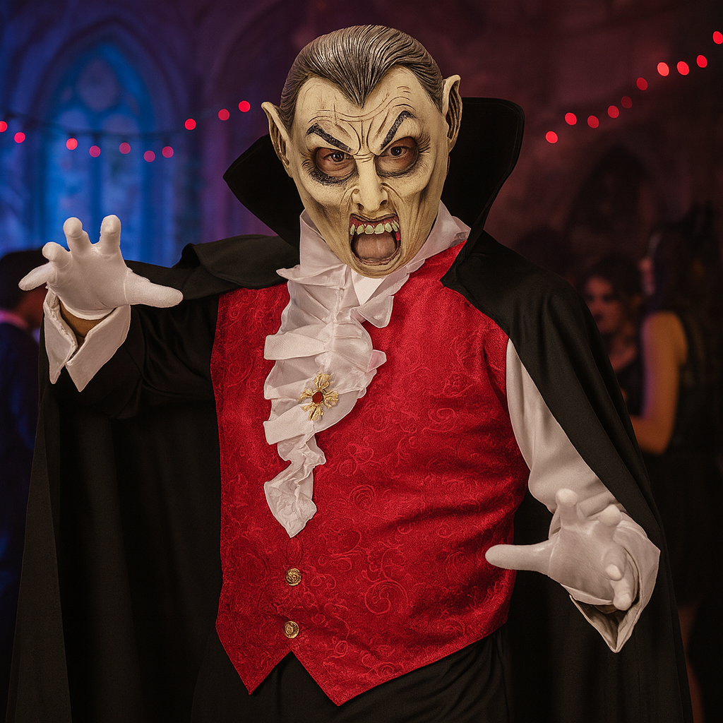 Person in a vampire costume with a red vest and black cape, standing in a festive indoor setting.