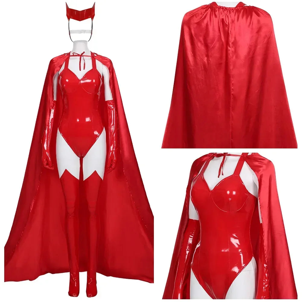 Red superhero costume with cape and mask on a white background